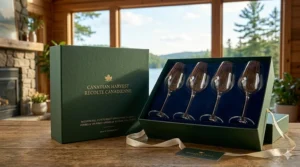 Luxury gift box containing pinot grigio wine glasses.