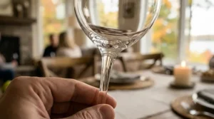 Close-up of hand-blown crystal wine glass rim and stem. / Gros plan sur le rebord et la tige d'un verre à vin en cristal soufflé à la main.