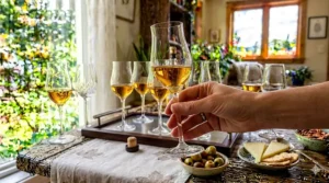 Person holding a sherry glass by the stem correctly. Personne tenant correctement un verre à xérès par le pied.