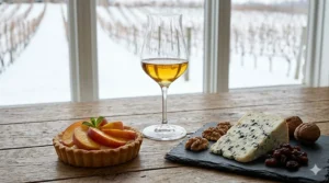 Small icewine glass paired with a gourmet dessert on a table.