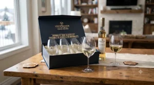 Minimalist wine glasses set with thin stems and wide bowls.