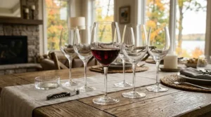 Set of 4 modern design crystal wine glasses for red wine. / Ensemble de 4 verres à vin en cristal au design moderne pour vin rouge.