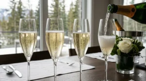 Modern tall stem champagne flutes. / Flûtes à champagne modernes à tige haute.
