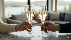 Modern, clear lead-free crystal champagne flutes on a marble table.