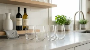 Stemless wine glasses set on a Canadian outdoor patio
