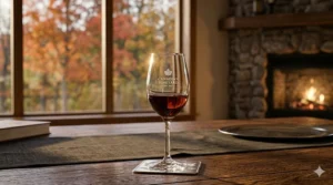 Close-up of a classic crystal port wine glass filled with vintage port.