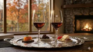 Pair of port wine glasses served on a silver tray with appetizers.