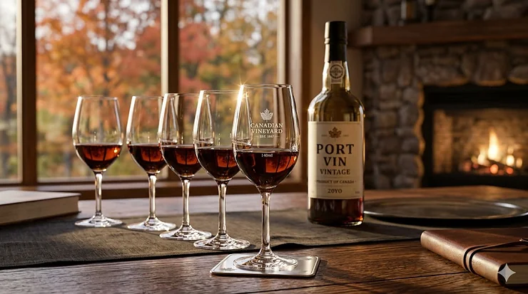 Elegant set of crystal port wine glasses arranged for a Canadian evening.