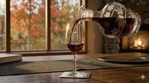 Fine port wine being poured gracefully into a signature port glass.