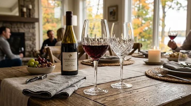 Set of elegant crystal wine glasses on a modern dining table. / Ensemble de verres à vin en cristal élégants sur une table à manger moderne.