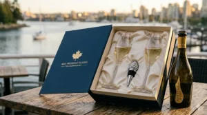 Luxury prosecco glass gift set with gold rim and maple leaf emblem on a Vancouver patio.