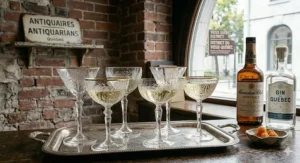 Elegant vintage champagne coupe glasses with ribbed stems / Élégantes coupes à champagne vintage avec pieds côtelés.