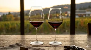Close-up of a delicate, handcrafted Riedel crystal wine glass.