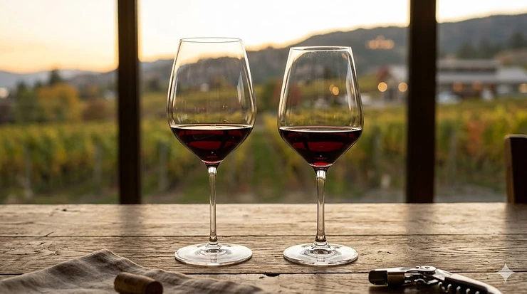 A side-by-side comparison of Riedel vs Schott Zwiesel wine glasses on a wooden table.