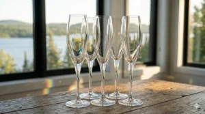 A set of four lead-free crystal champagne glasses for hosting guests.