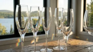 Sparkling lead-free crystal champagne glasses catching the light.