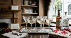 Classic stemmed vintage cocktail coupe glasses for sparkling wine / Coupes à cocktail vintage sur pied pour vin mousseux.