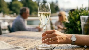 Close-up of a tulip Prosecco flute with gold rim held by a hand at a Vancouver patio brunch.