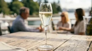 Close-up shot of a tulip-shaped Prosecco flute with a distinct gold rim on a sunlit Vancouver patio table.