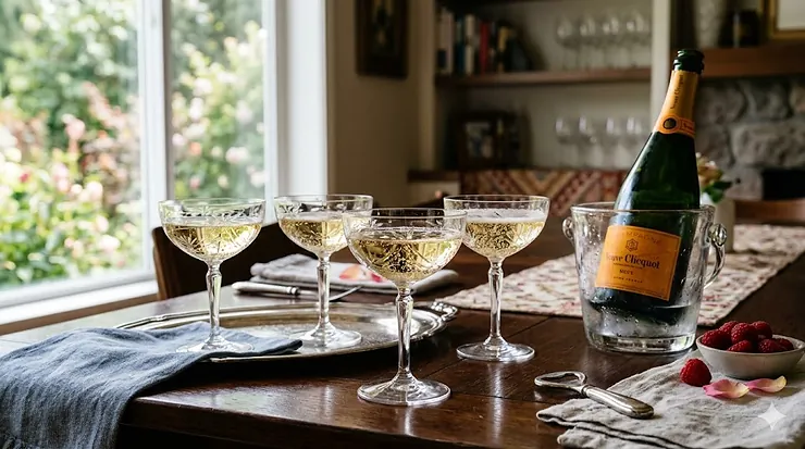Vintage champagne coupe glasses, elegant crystal barware for celebrations / Coupes à champagne vintage, verrerie en cristal élégante pour célébrations.