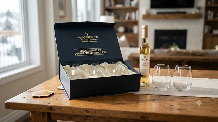 Premium wine glasses gift set in elegant packaging on a wooden table.