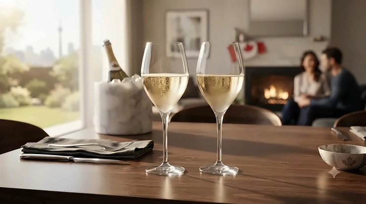 Elegant tulip champagne glasses set on a dinner table.