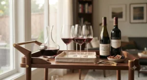 Stylish wooden bar cart organized with bottles of BC Pinot Noir and sleek long stem wine glasses for red wine in a Vancouver apartment.