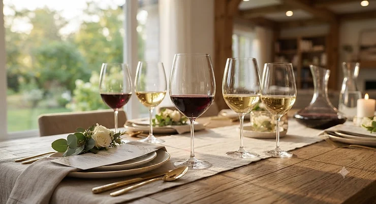 Elegant crystal stem wine glasses set arranged on a modern dining table, perfect for Canadian dinner parties and wine tastings.