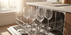 Clear crystal stemmed wine glasses being safely loaded into a modern dishwasher / Verres à vin à pied en cristal transparent placés en toute sécurité dans un lave-vaisselle moderne.