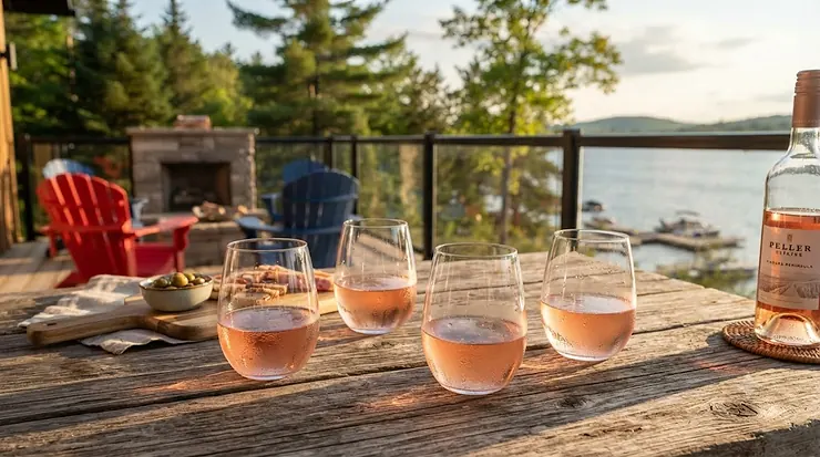 Shatterproof outdoor wine glasses on a sunlit Canadian patio.