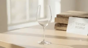 Graphic asset representing sustainable, heavy-metal-free production of eco-friendly crystal stem wine glasses.