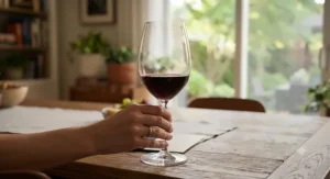 Elegant stemmed wine glass filled with red wine, highlighting the long stem for temperature control.