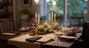 Sophisticated table setting featuring stemmed wine glasses for a formal Canadian dinner party.