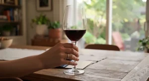 Person holding a stemmed wine glass by the stem to prevent warming the wine.