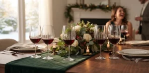 Formal holiday table setting featuring sparkling stemmed wine glasses ready for family celebrations in Canada / Table de fête dressée avec des verres à vin à pied étincelants pour les célébrations familiales.