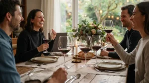 Hosting a dinner party with large wine glasses for red wine.
