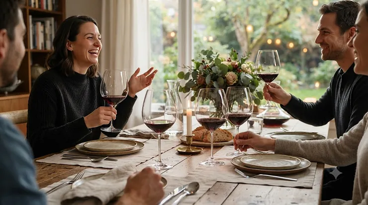 Large wine glasses for red wine set on a dining table.