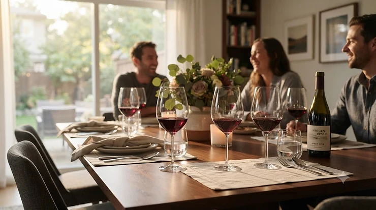 Elegantly set dining table featuring premium long stem wine glasses for red wine during a cozy dinner party in a modern Canadian home.