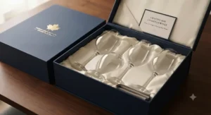 Luxury boxed set of durable long stem wine glasses for red wine presented as a wedding or housewarming gift idea in Canada.