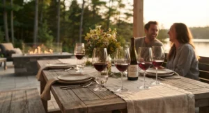 Relaxed summer evening patio setup featuring long stem wine glasses for red wine during a weekend gathering in cottage country.
