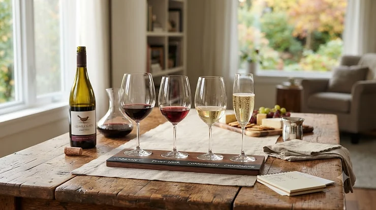 A premium wine tasting glasses set on a rustic wooden table, perfect for Canadian dinner parties.