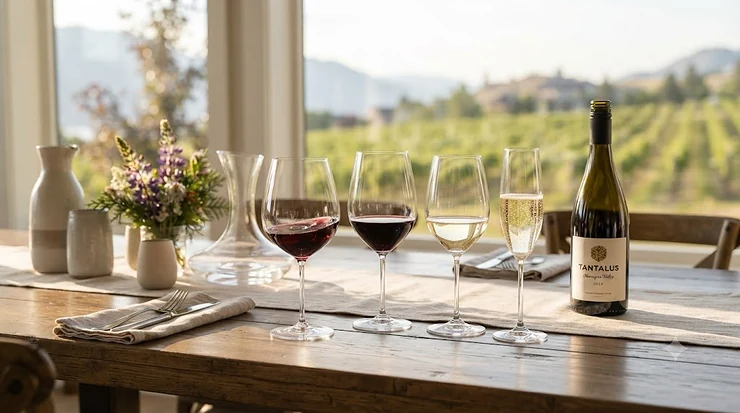 Elegant Zalto wine glasses arranged on a Canadian oak dining table.
