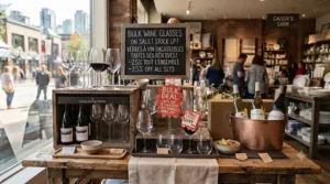 Stylized graphic of a red wine glass with a sale tag, highlighting online discounts for shoppers in Montreal and Ottawa.