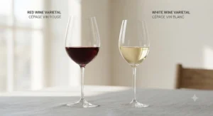 Comparative illustration of red and white varietal crystal stem wine glasses for Canadian wine enthusiasts.