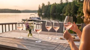 Vector illustration of elegant rose wine glasses set up for a warm-weather dinner party on a Canadian deck.