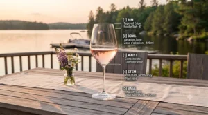 Diagram illustrating the bowl shape and tapered rim of rose wine glasses designed to enhance aromatic notes.