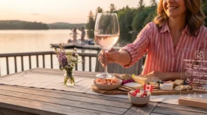 Seasonal artwork depicting a toast with rose wine glasses during a sunny long weekend celebration in Canada.