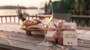 Festive illustration of packaged rose wine glasses presented as a wedding or housewarming gift in Canada.