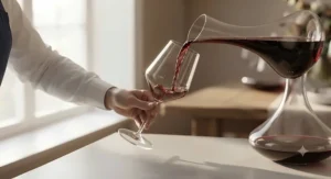 Sommelier pouring red wine into a high-quality Zalto glass.