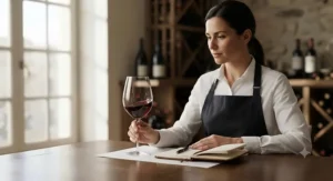 Minimalist sketch of a sommelier evaluating a vintage using fine crystal stem wine glasses.